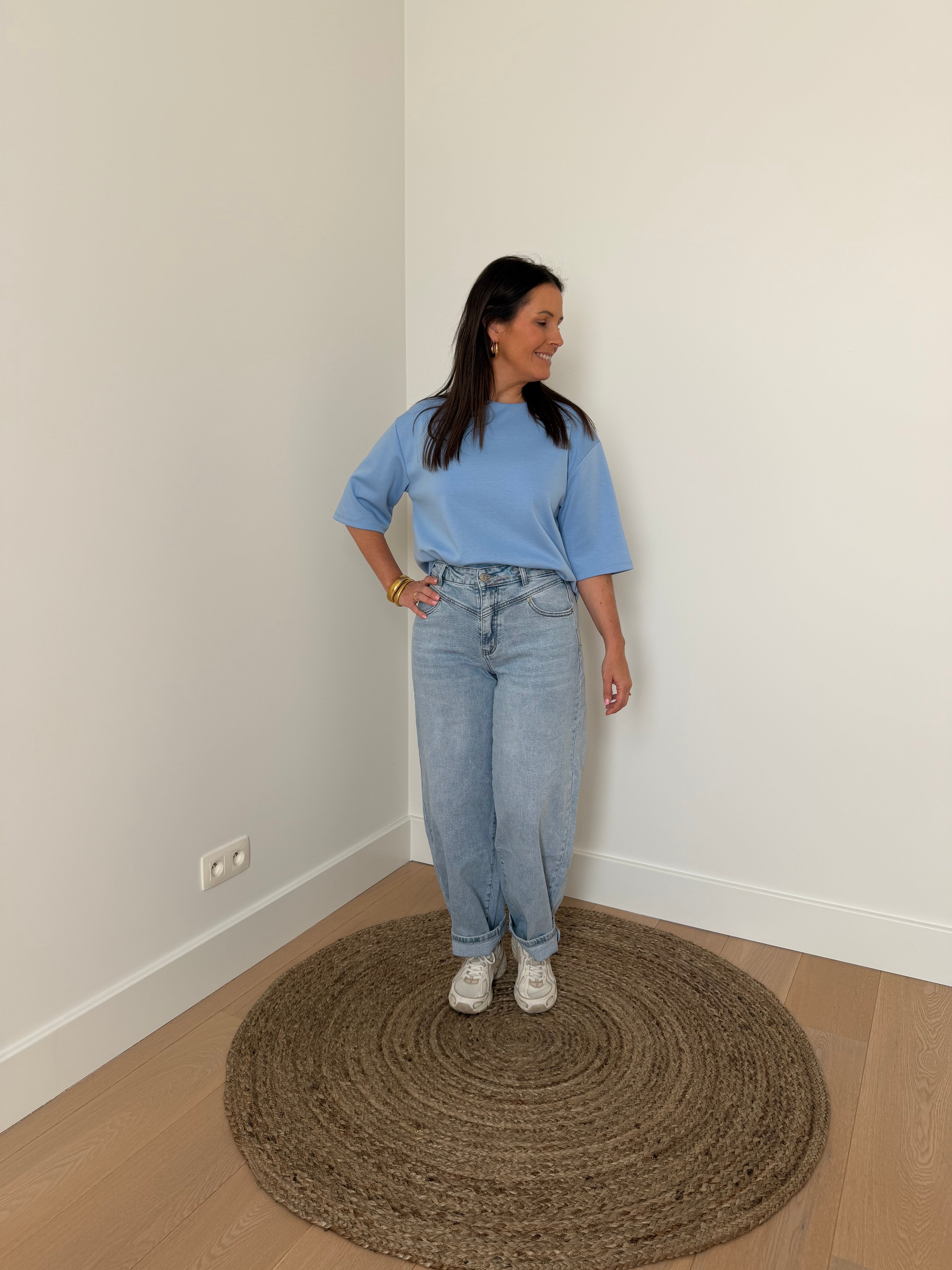 Blauwe effen t-shirt met korte mouwen - My Dressing