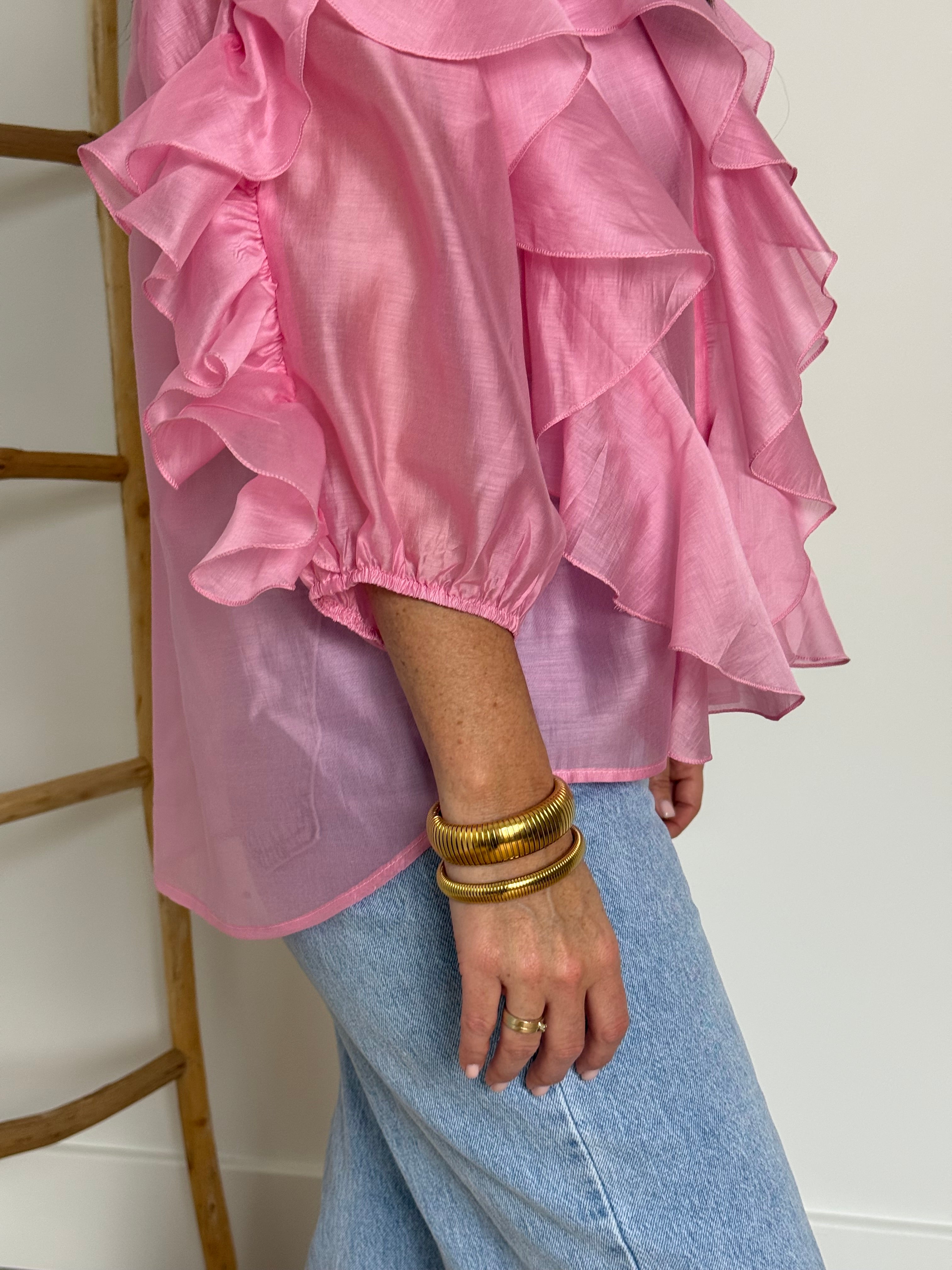 Roze blouse met ruches - My Dressing