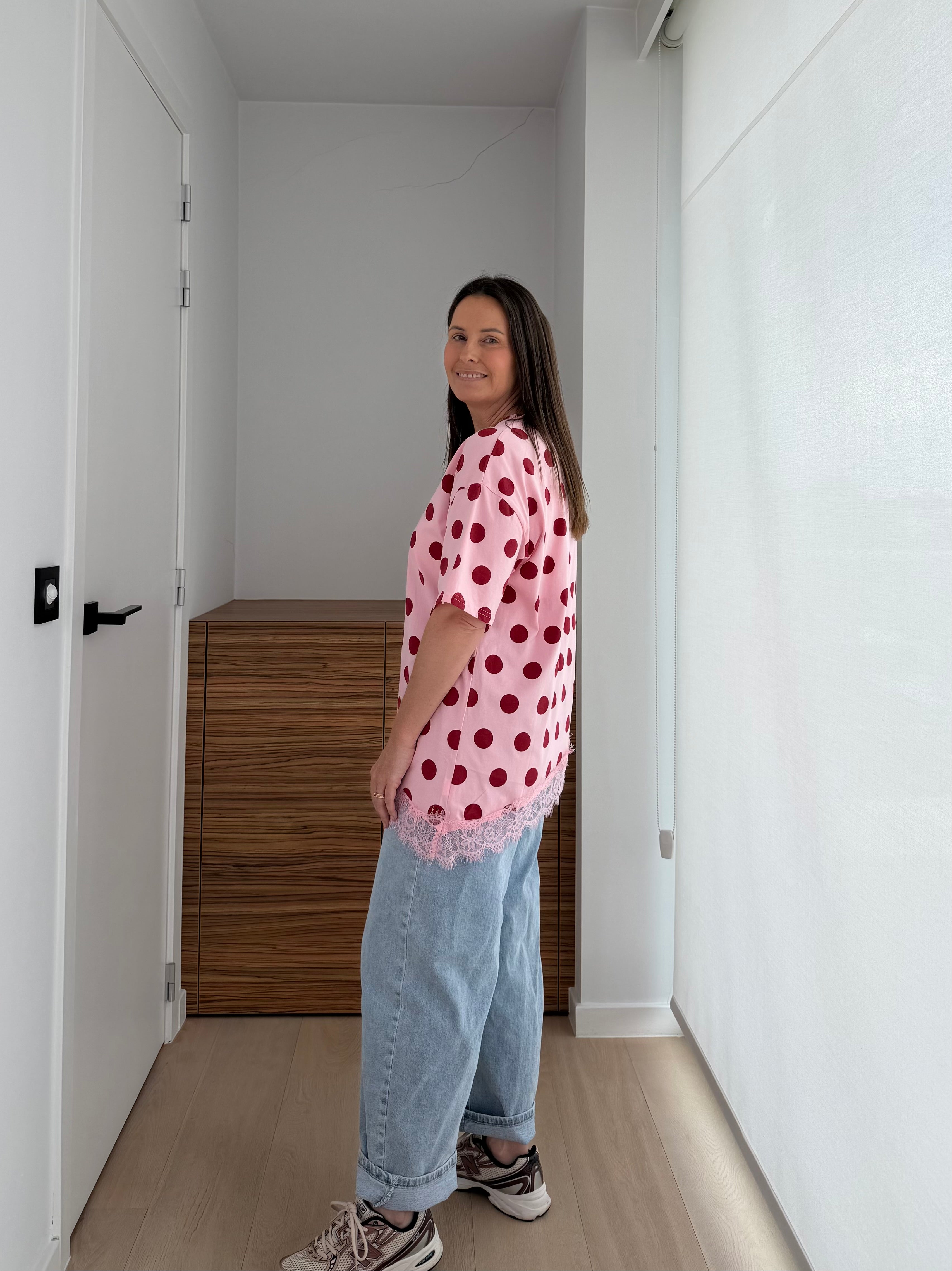Roze dot t-shirt met bordeaux bollen - My Dressing