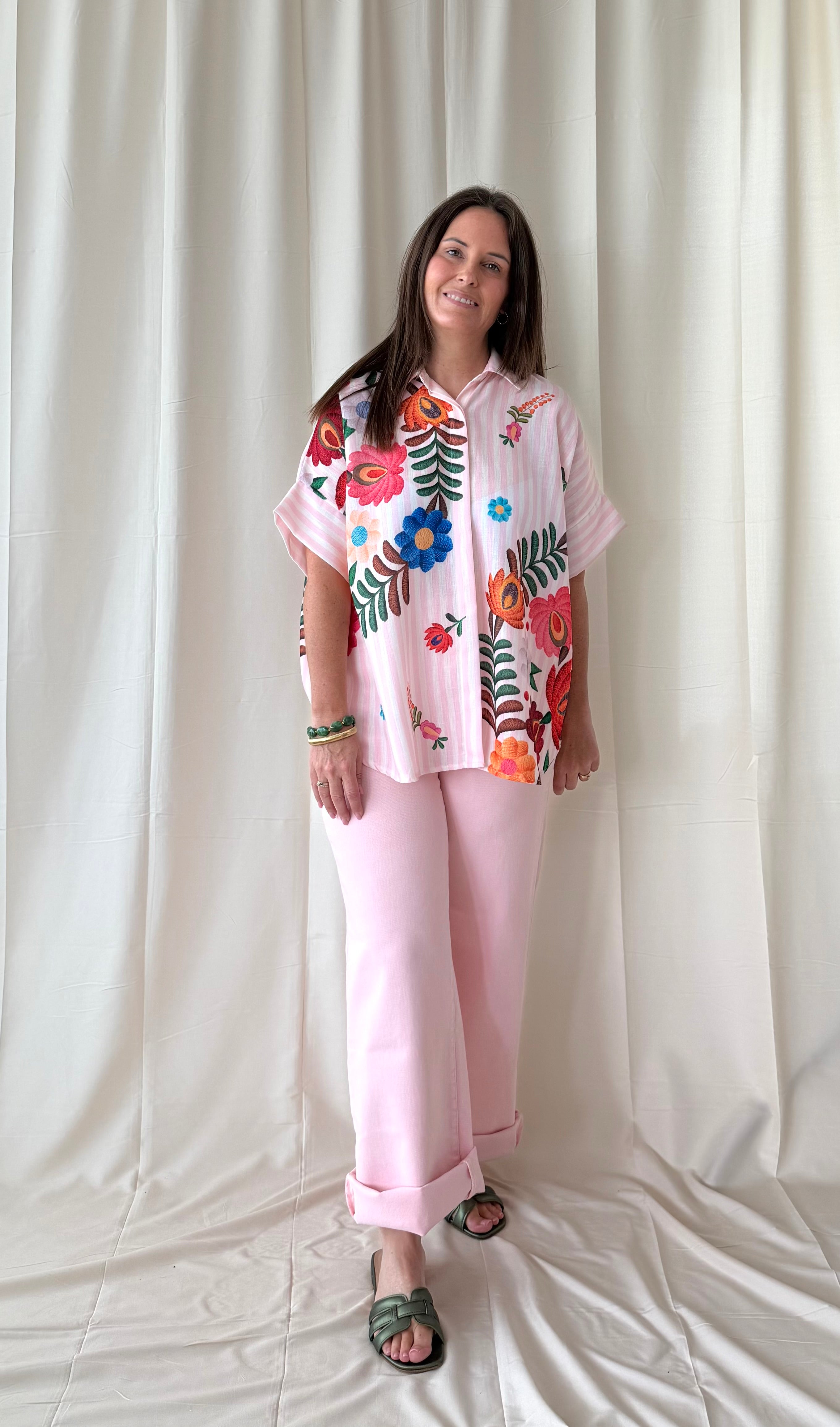 Roze gestreepte blouse met bloemen - My Dressing