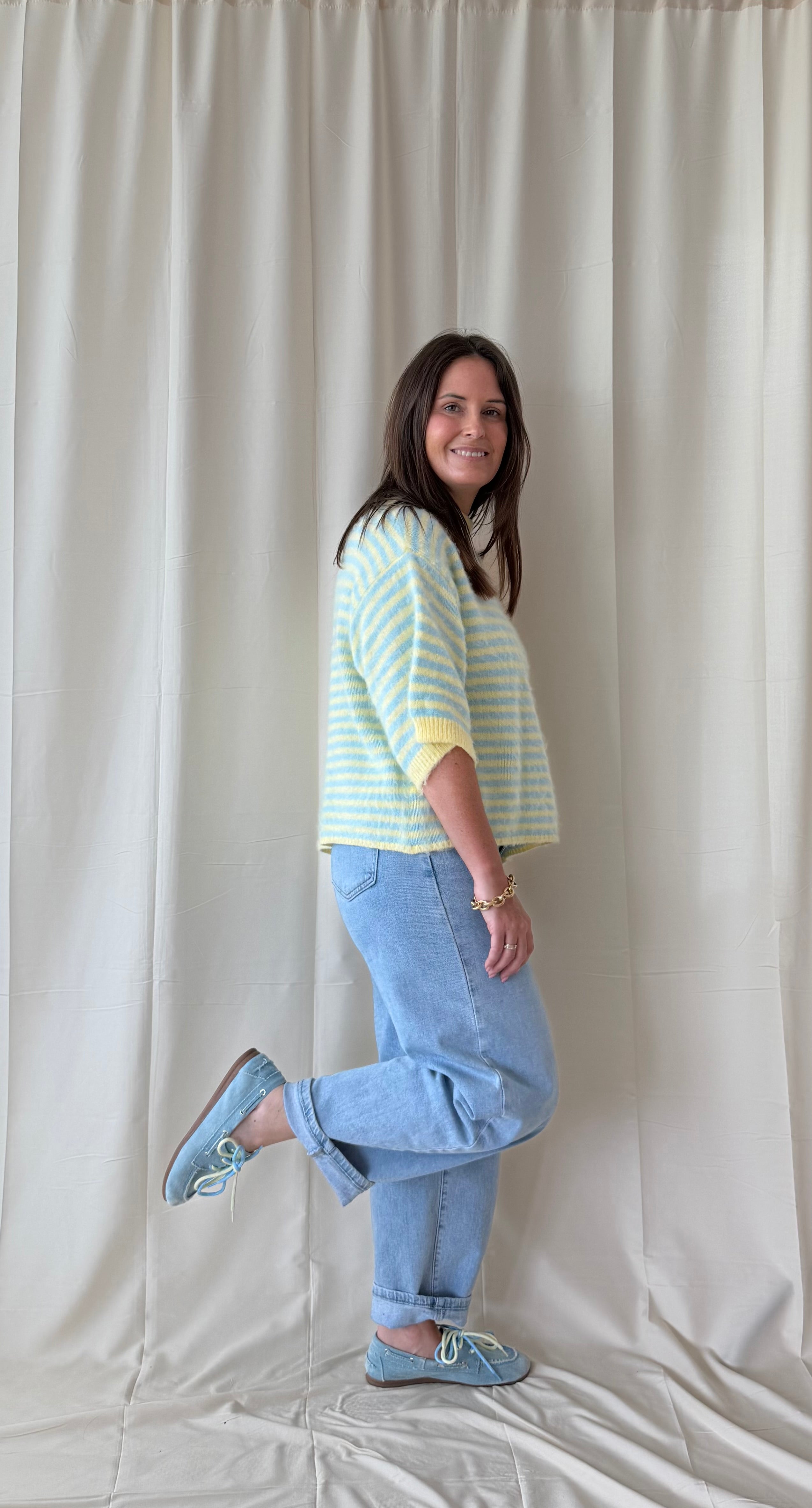 Gestreepte off shoulder trui in blauw/geel - My Dressing
