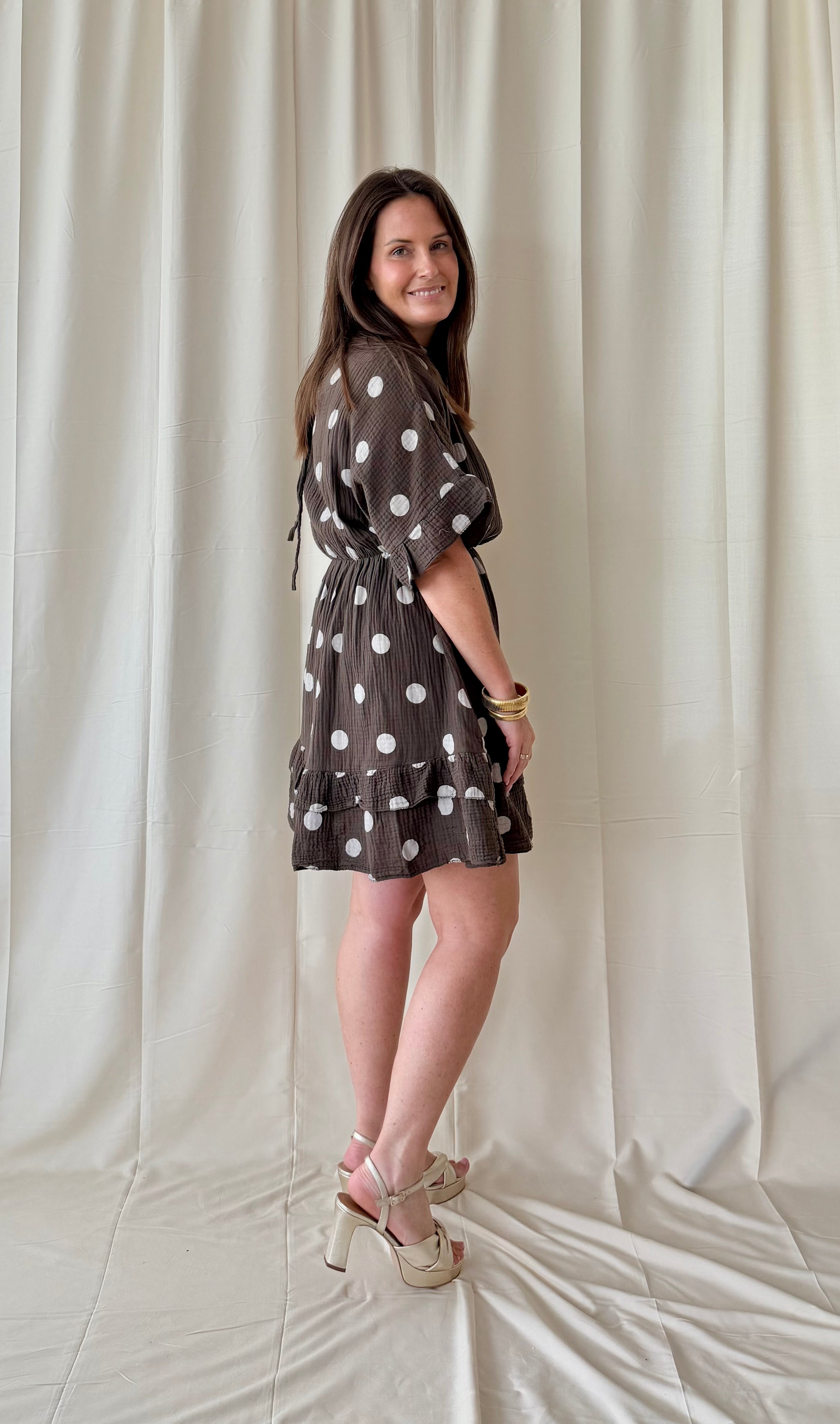 Chocolade bruine korte tetra jurk met stippen - My Dressing