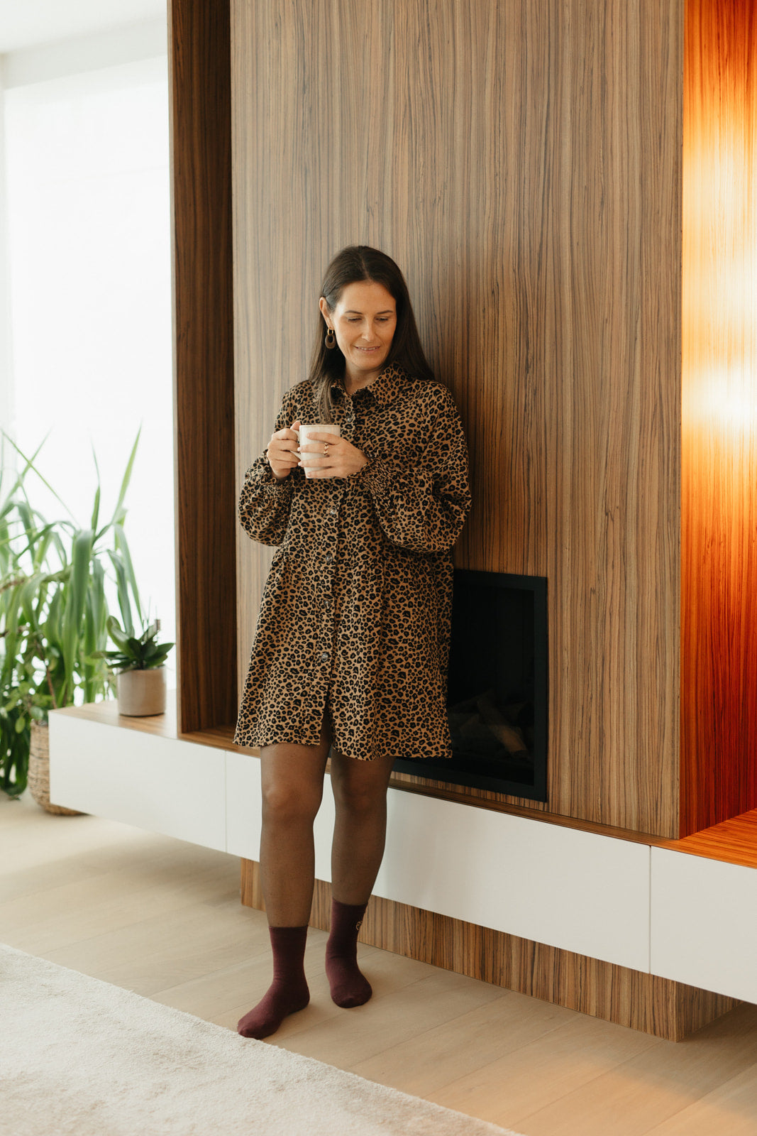 Herfstkleedje dames – leopard print jurk met lange mouwen en elastische boorden