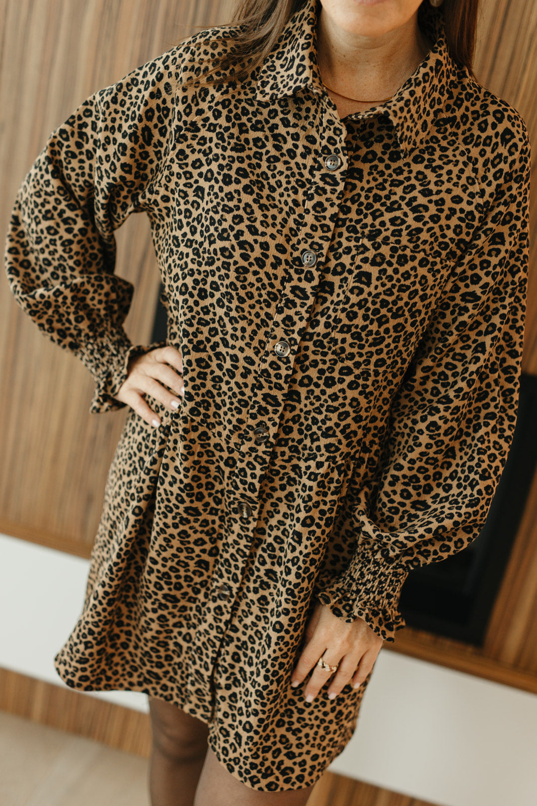 Leopard print kleedje dames – herfstjurk met lange mouwen, kraag en knoopjes bij My Dressing