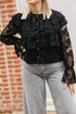 Zwarte blouse dames – elegante blouse met bloemenstructuur, ruffle schouders en wijde mouwen bij My Dressing