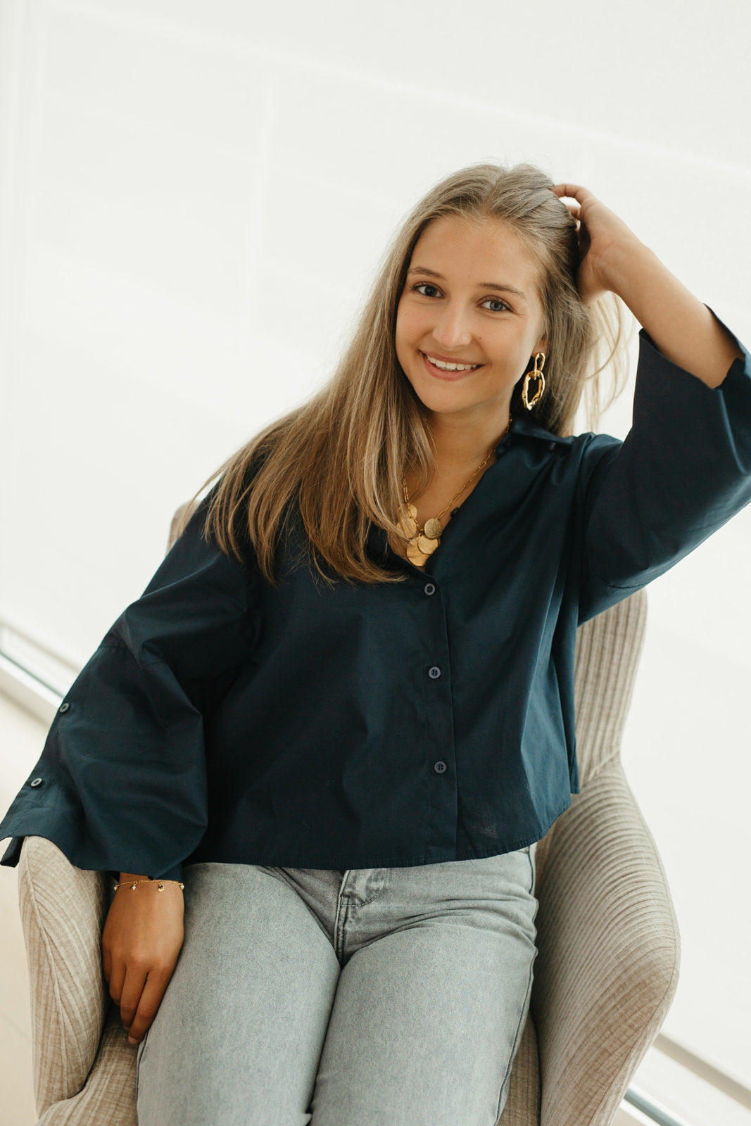 Trendy marine blouse – cropped damesblouse, perfect te combineren met high-waist jeans of rok