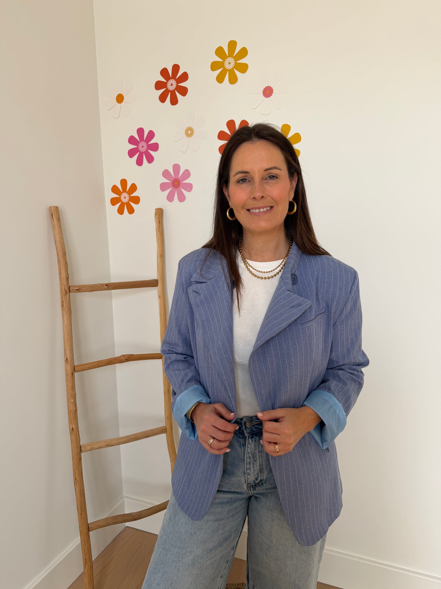 Lichtblauwe blazer met ecru krijtstreep - My Dressing