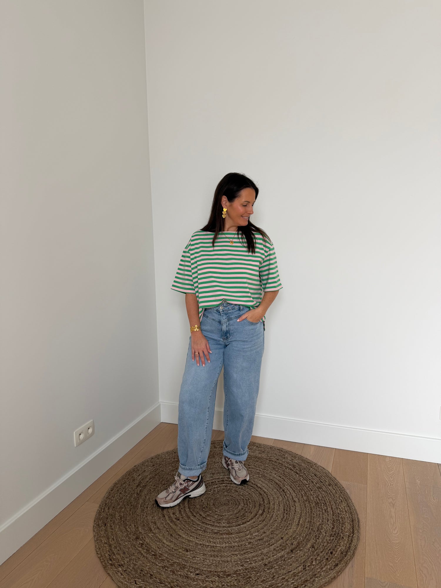 Casual gestreepte t-shirt met korte mouwen roze/groen - My Dressing