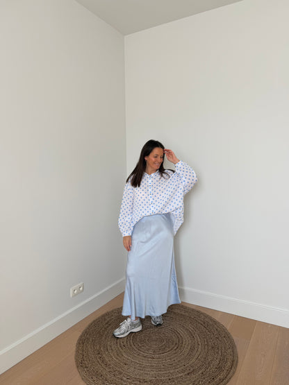 Witte polka dot blouse in tetrastof met pastelblauwe stippen - My Dressing