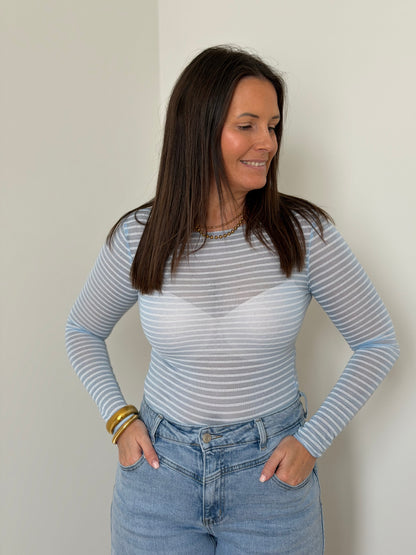 Babyblauw gestreepte longsleeve in cashmere - My Dressing