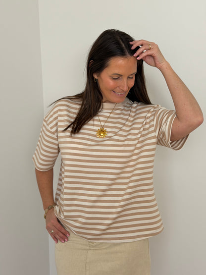 Beige gestreepte t-shirt met korte mouwen - My Dressing