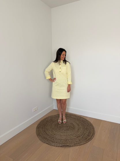 Lichtgele jurk met witte stippen met lange mouwen - My Dressing