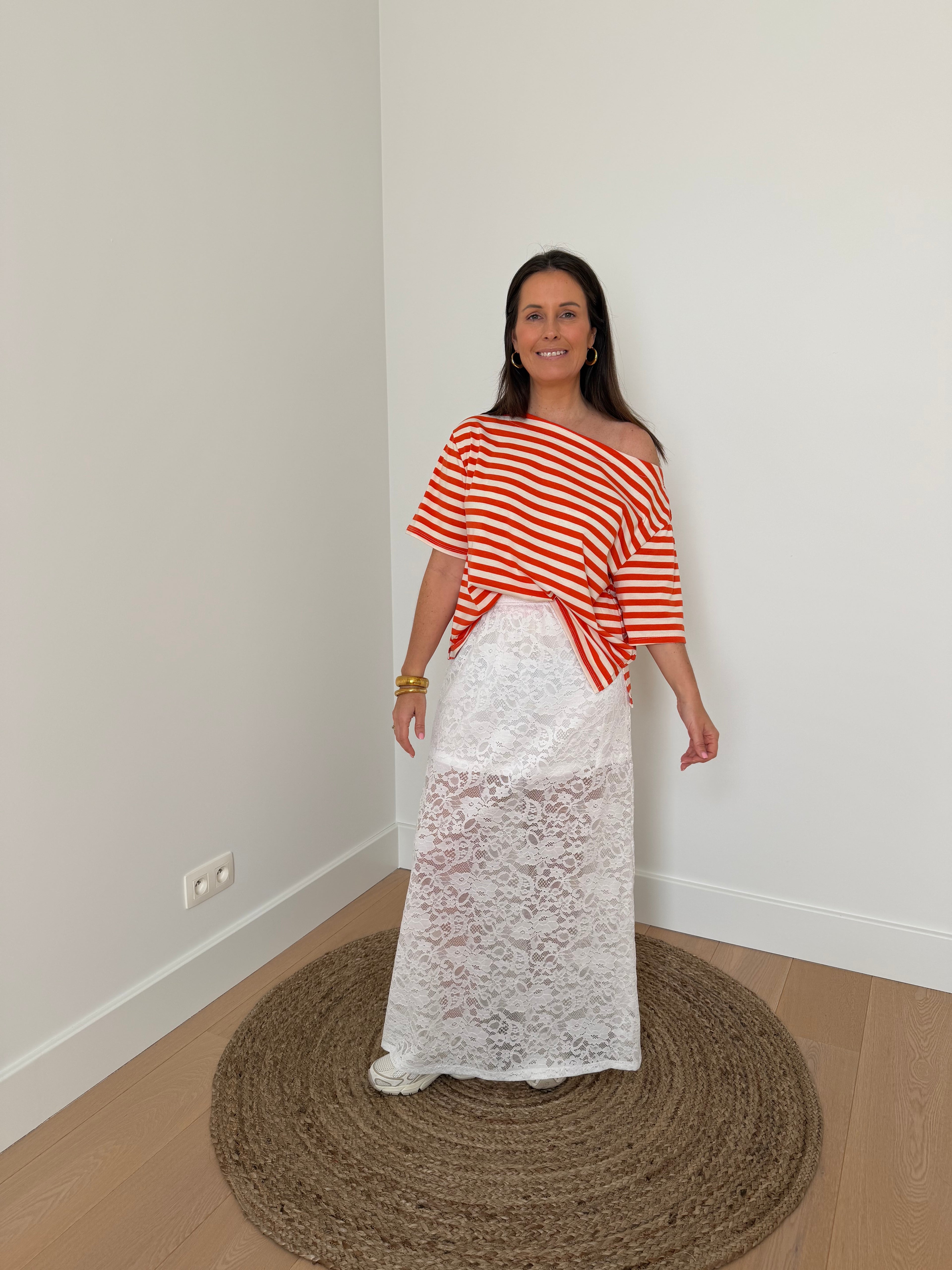 Oranje gestreepte t-shirt met korte mouwen - My Dressing