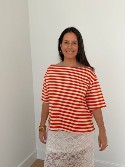 Gestreepte oranje t-shirt off shoulder met korte mouwen - My Dressing