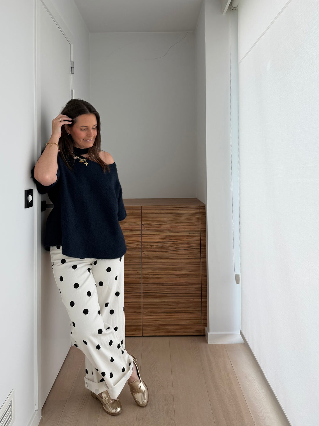Trendy witte jeans met zwarte stippen print voor dames