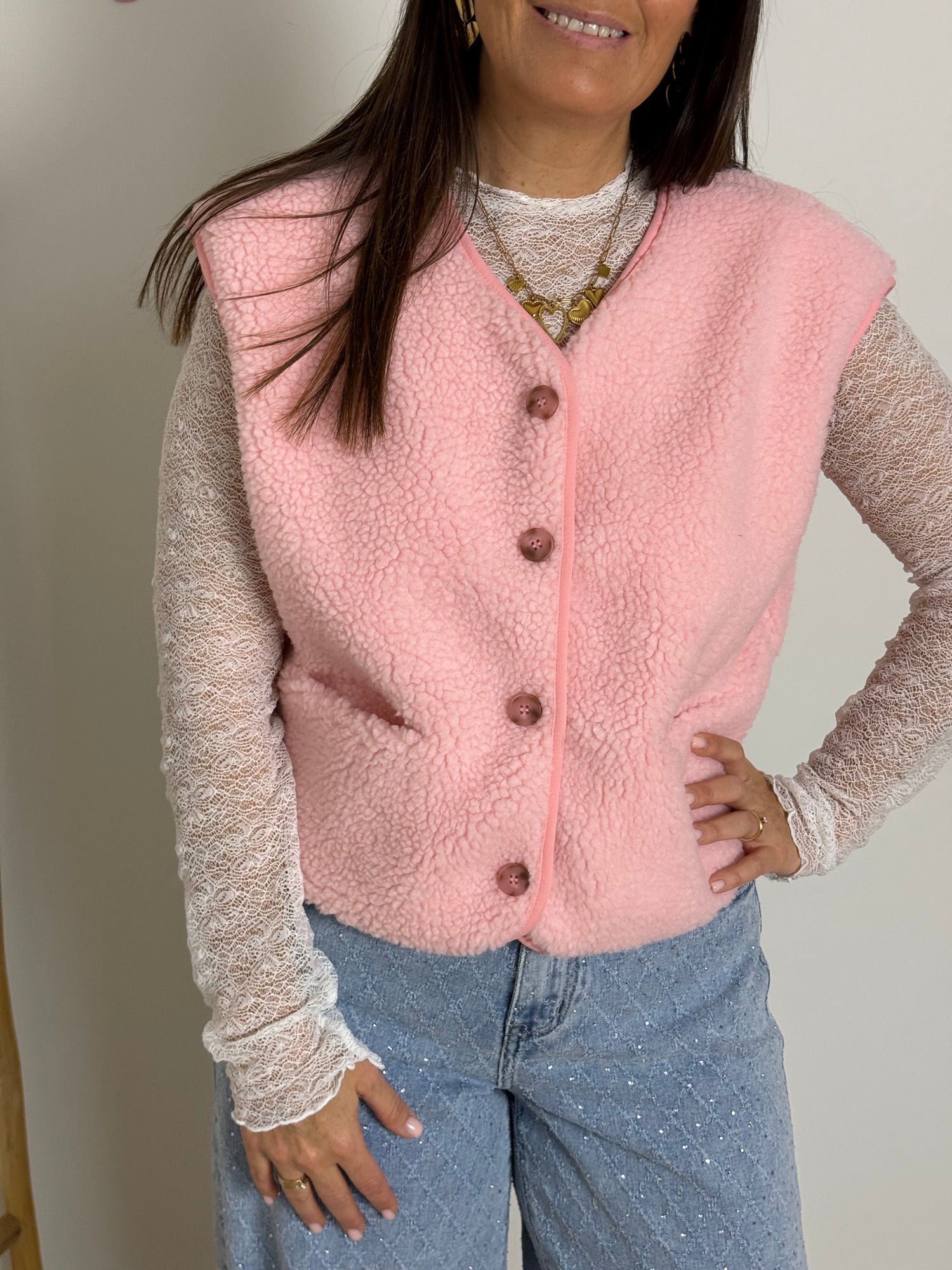 Roze teddy gilet - My Dressing