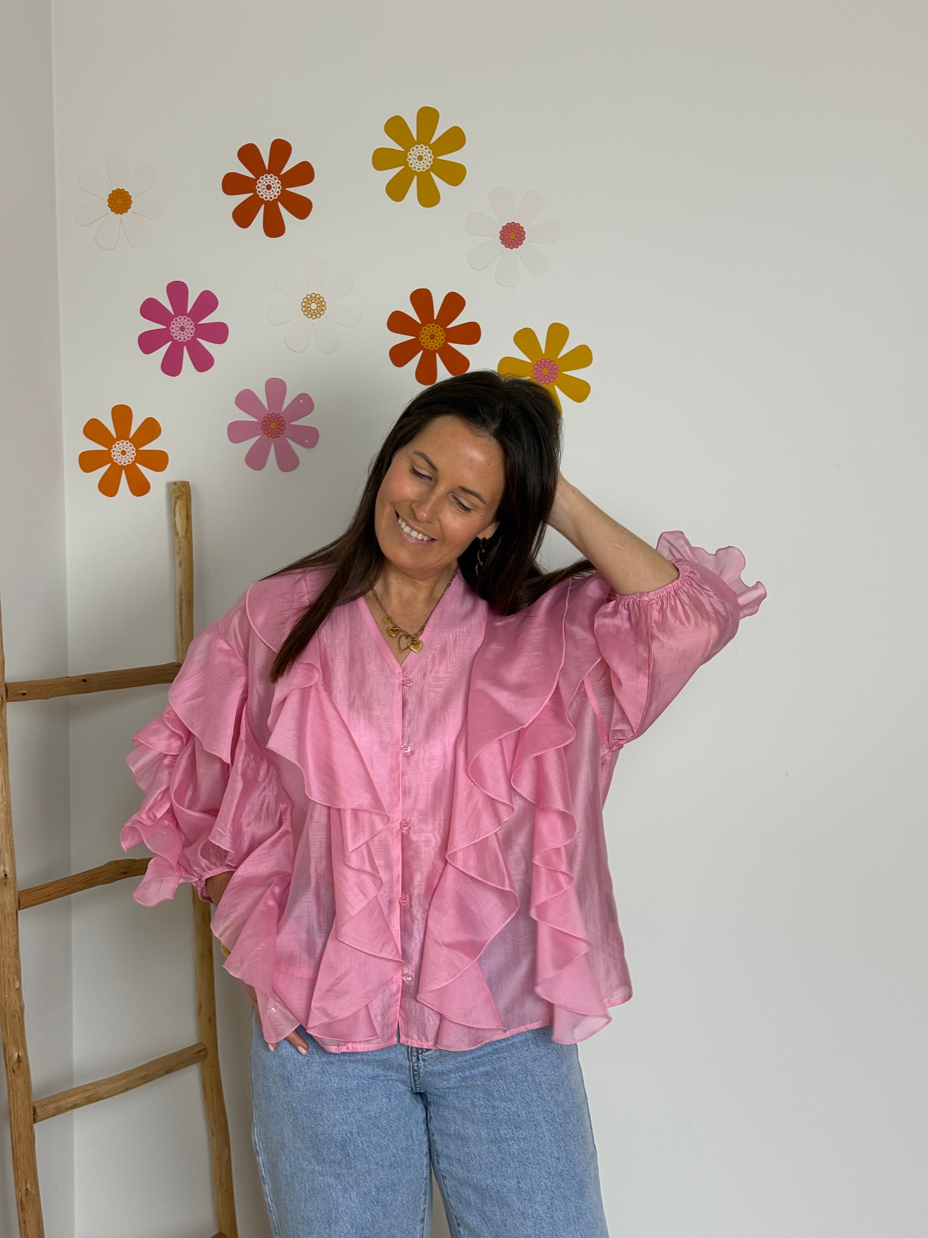 Roze blouse met ruches - My Dressing