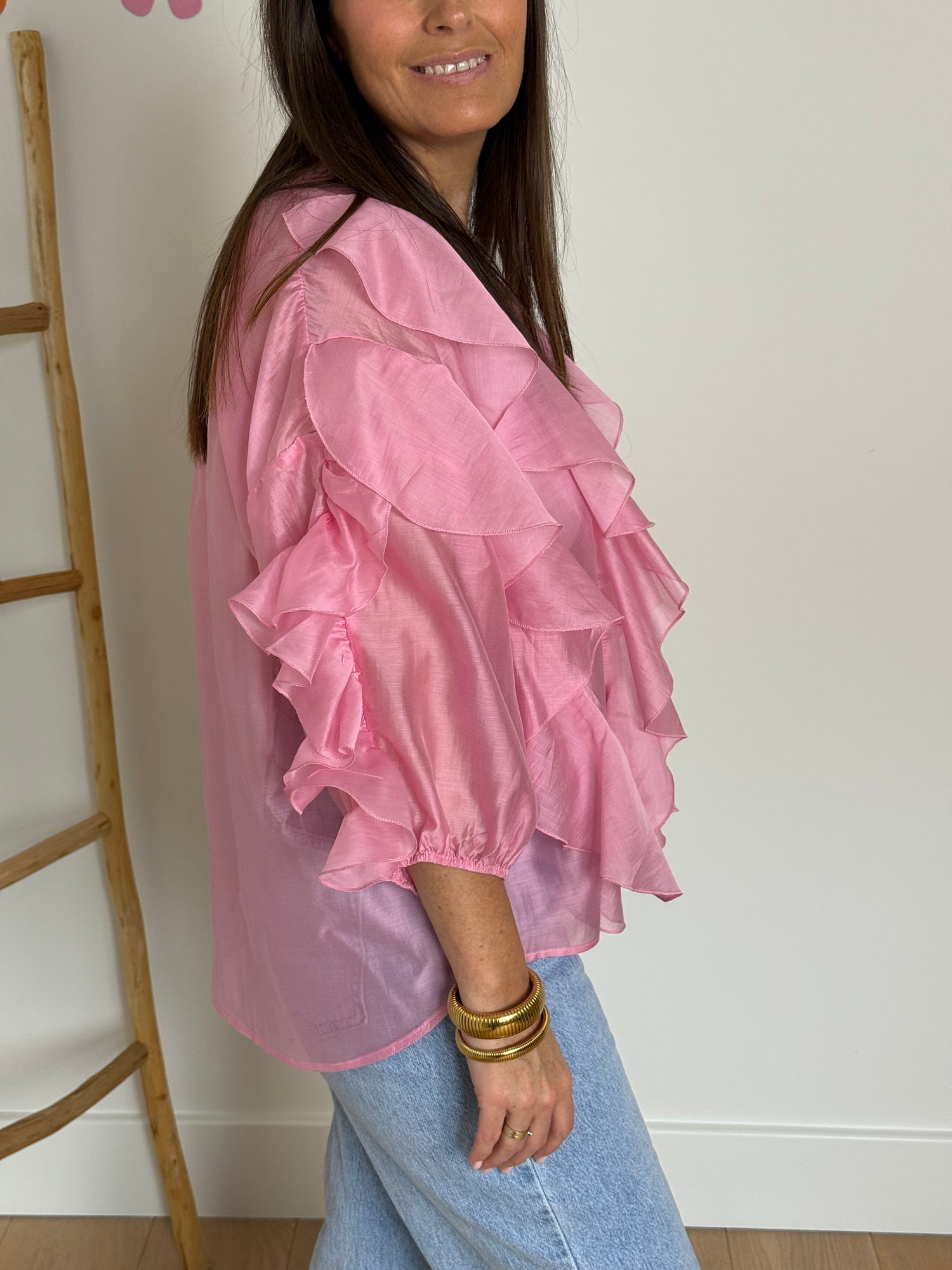 Roze blouse met ruches - My Dressing