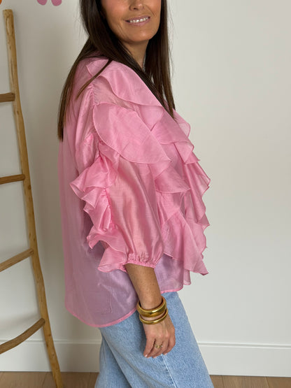 Roze blouse met ruches - My Dressing