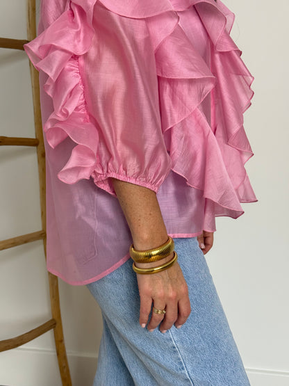 Roze blouse met ruches - My Dressing