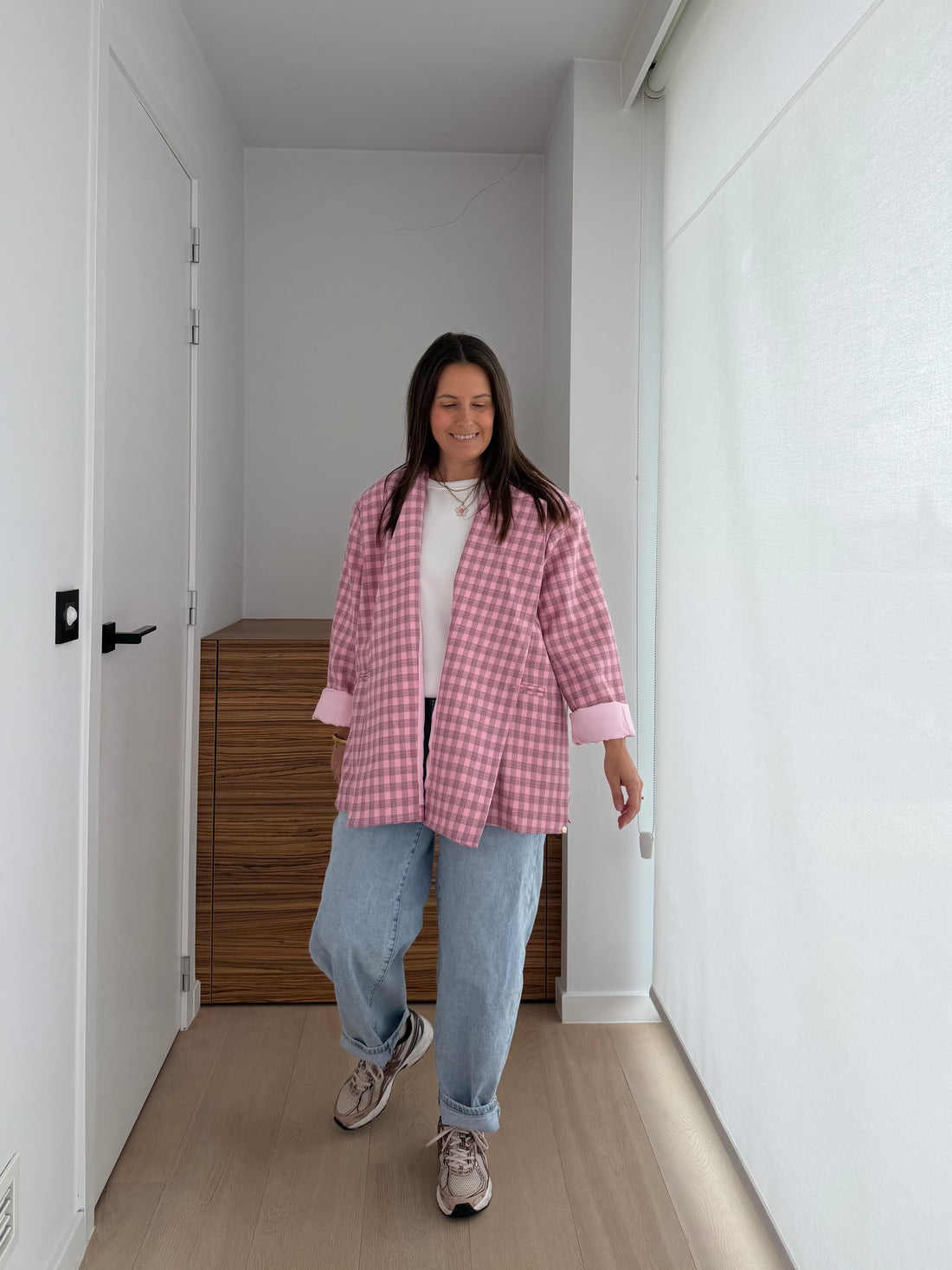 Roze geruite oversized dames blazer met casual fit