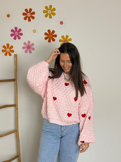 Roze trui met rode hartjes - My Dressing