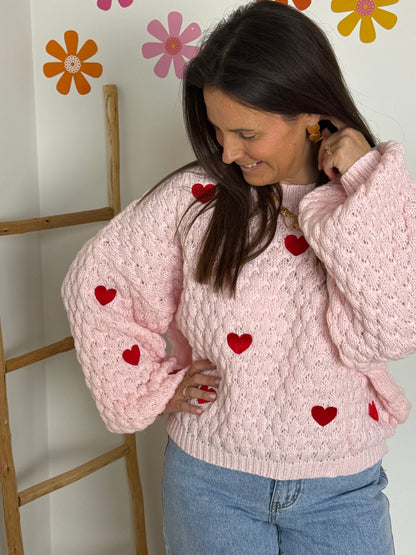 Roze trui met rode hartjes - My Dressing