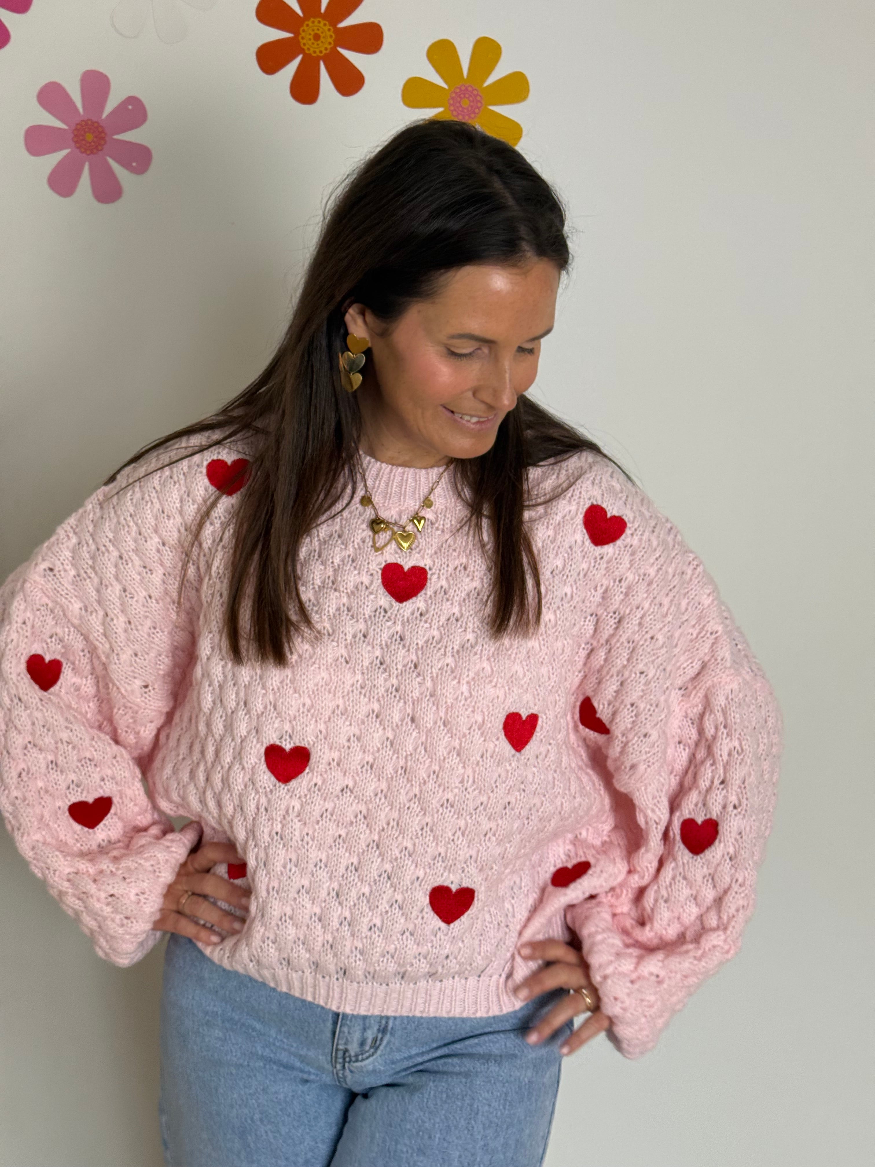 Roze trui met rode hartjes - My Dressing