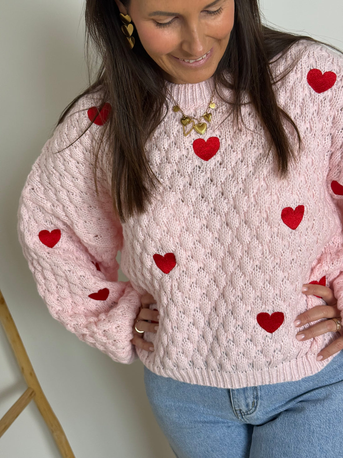 Roze trui met rode hartjes - My Dressing