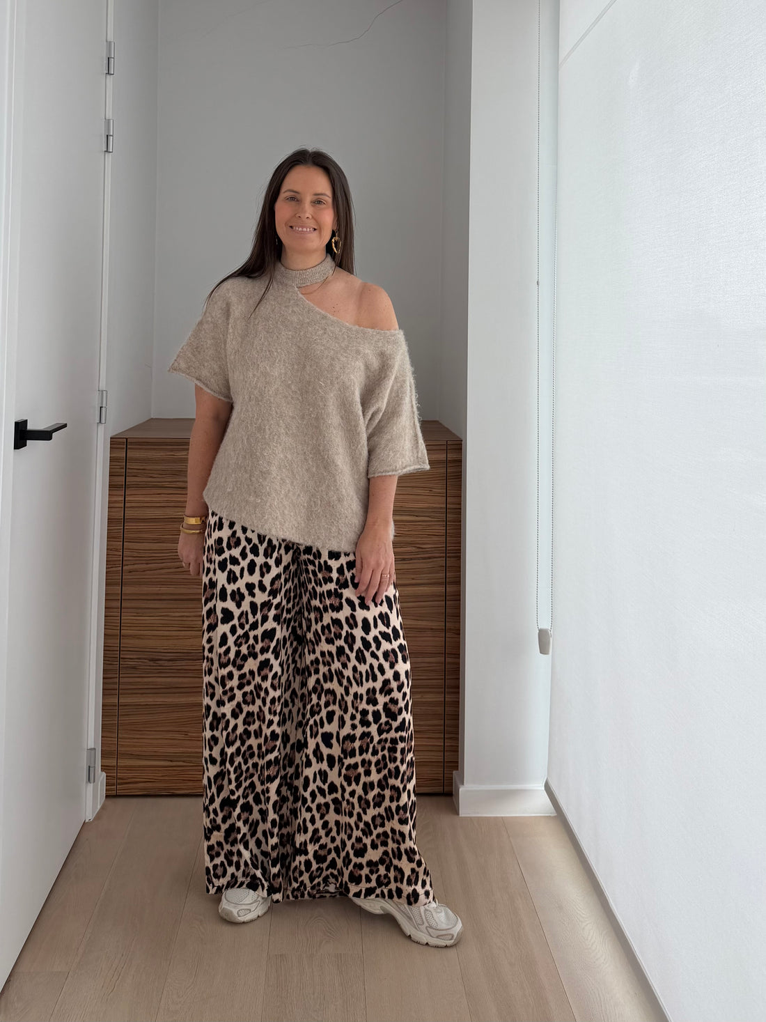 Leopard wide leg damesbroek met elastische taille en comfortabele losse pasvorm