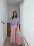 Oversized roze-blauw gestreepte dames T-shirt met korte mouwen