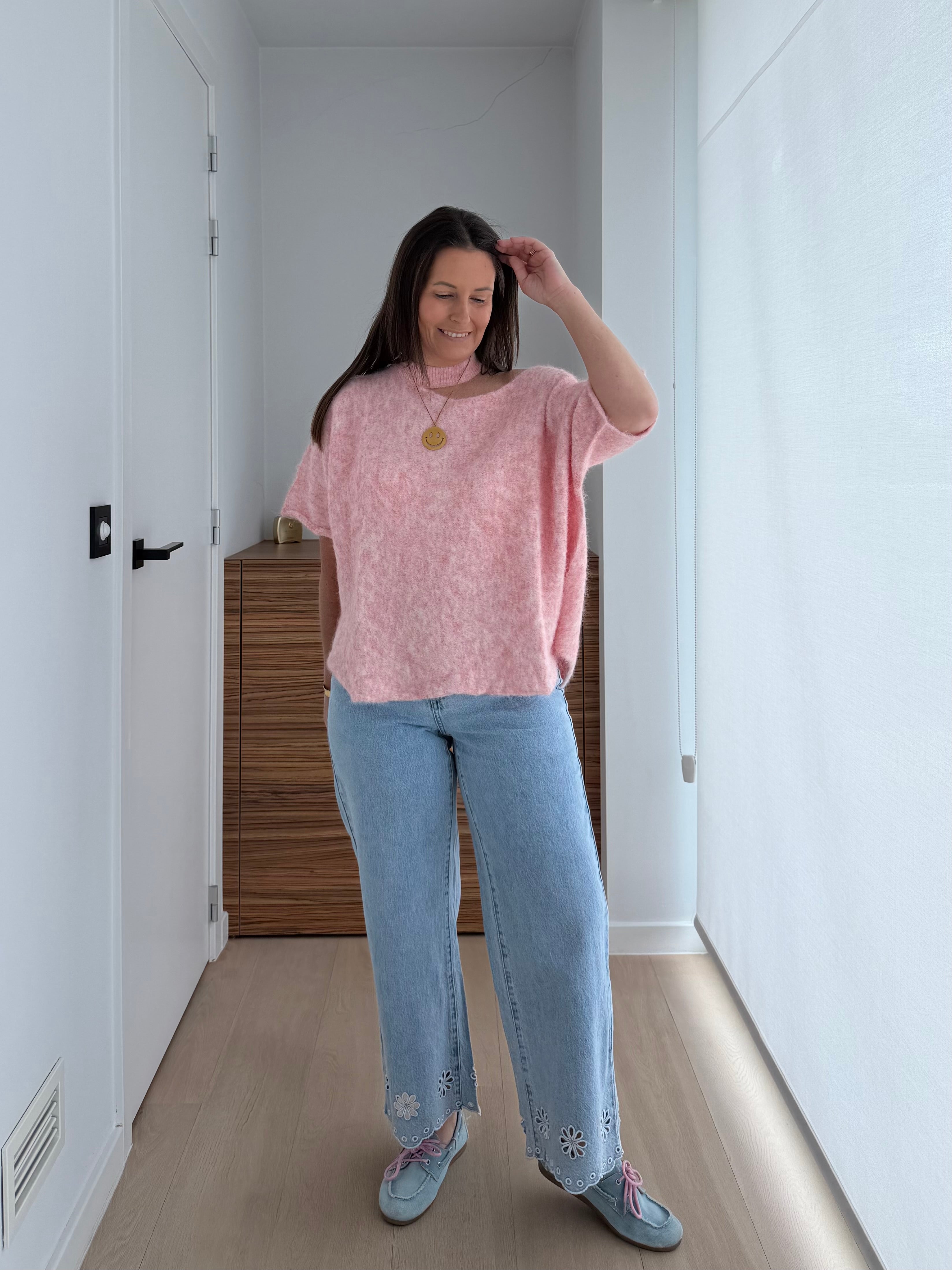 Roze off shoulder trui met korte mouwen - My Dressing