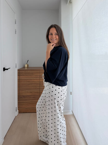 Witte dot broek met zwarte stippen met elastische tailleband. - My Dressing