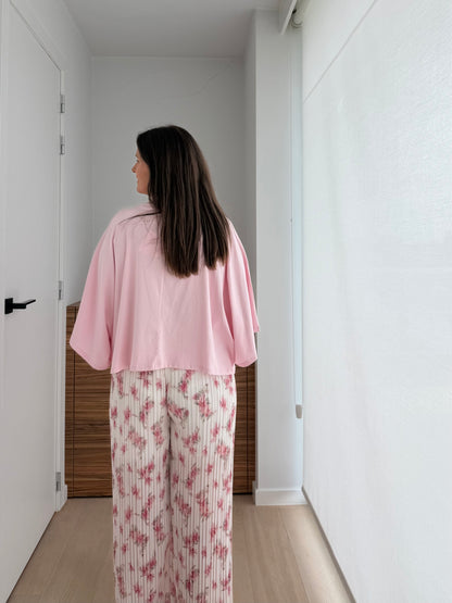 Losse broek in ecru met roze bloemen - My Dressing
