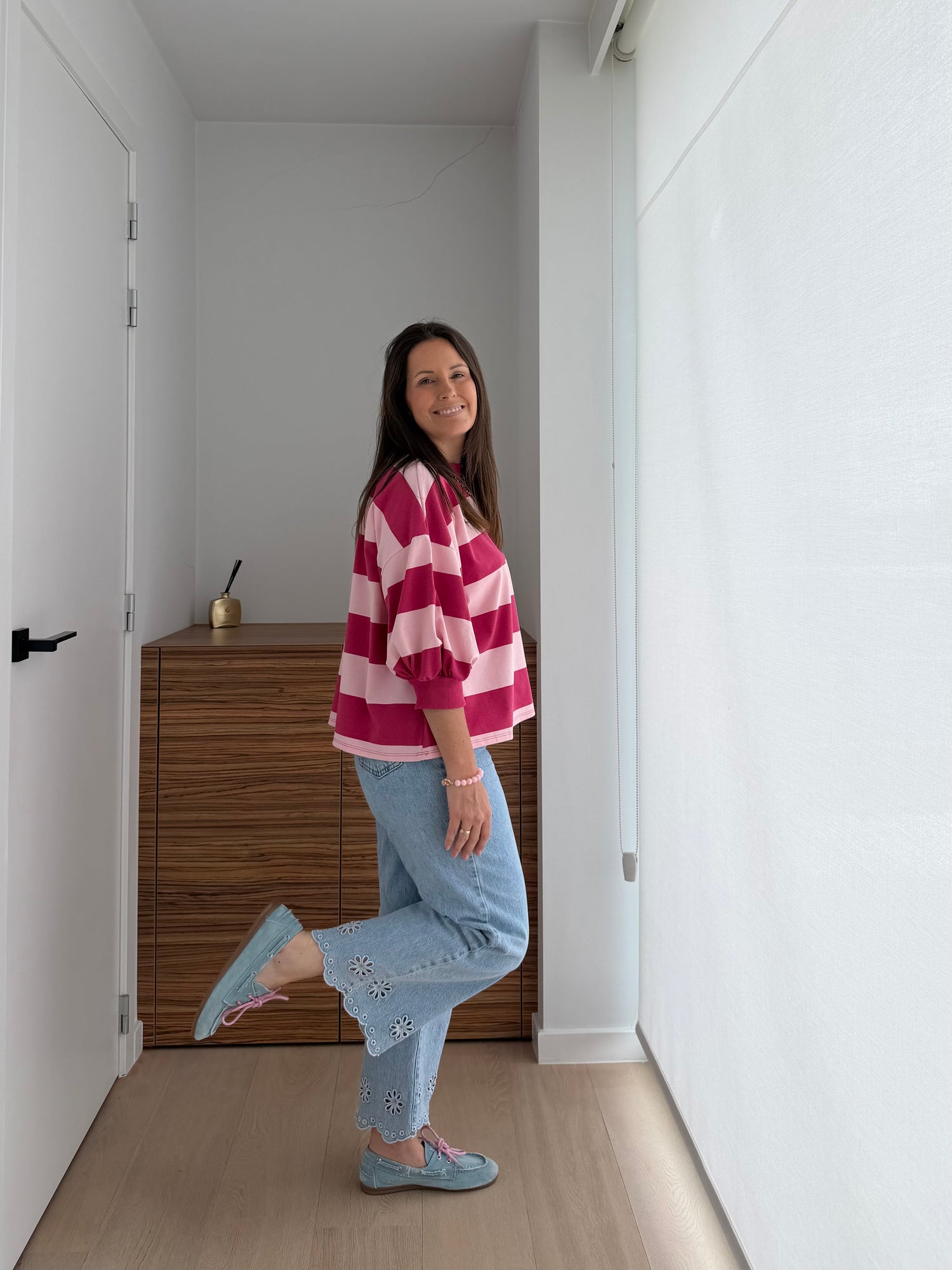 Gestreepte roze t-shirt met korte pofmouw - My Dressing
