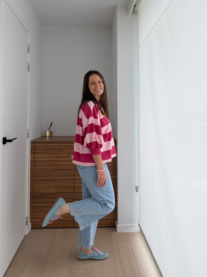Gestreepte roze t-shirt met korte pofmouw - My Dressing