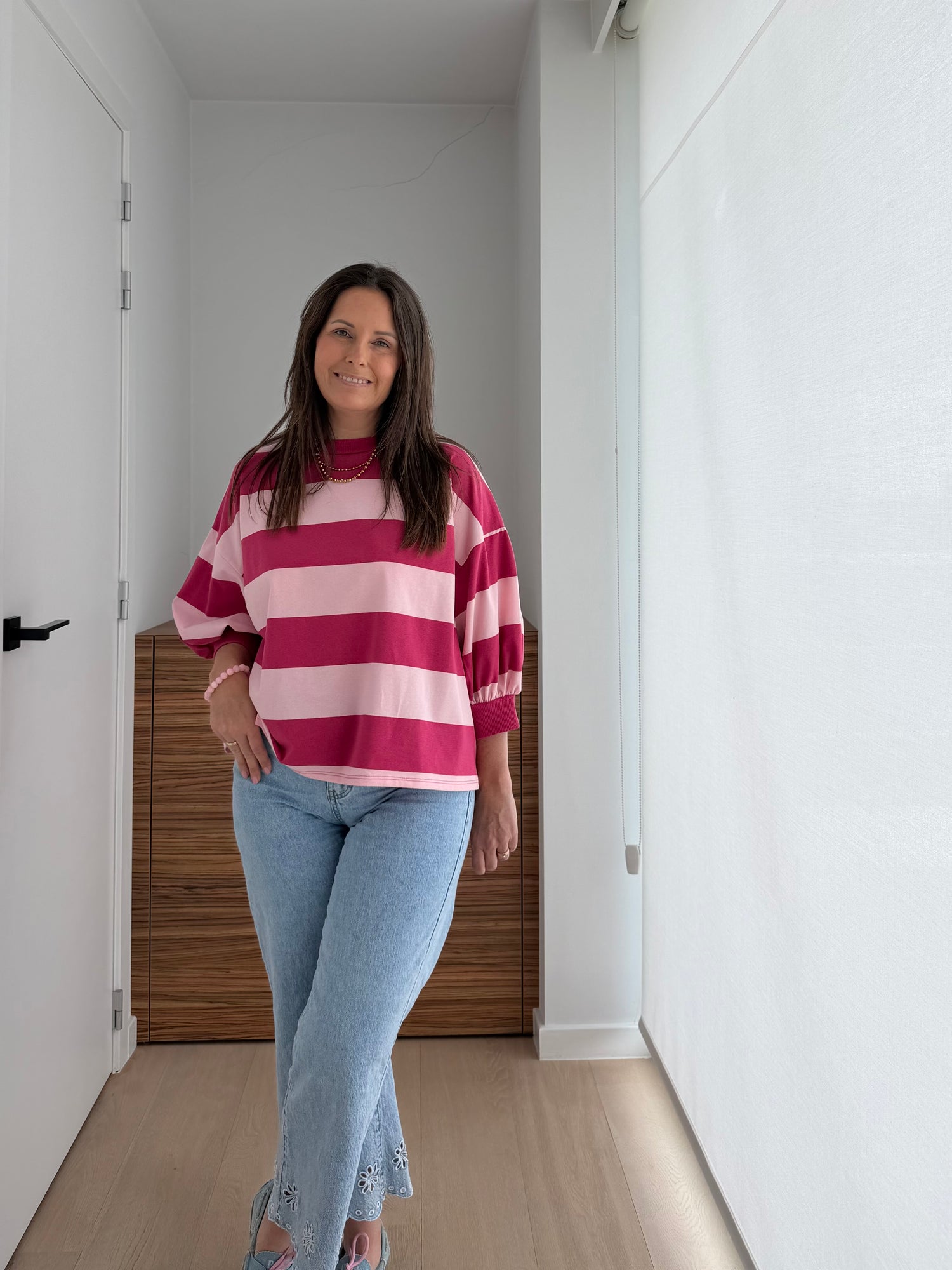 Gestreepte roze t-shirt met pofmouw - My Dressing