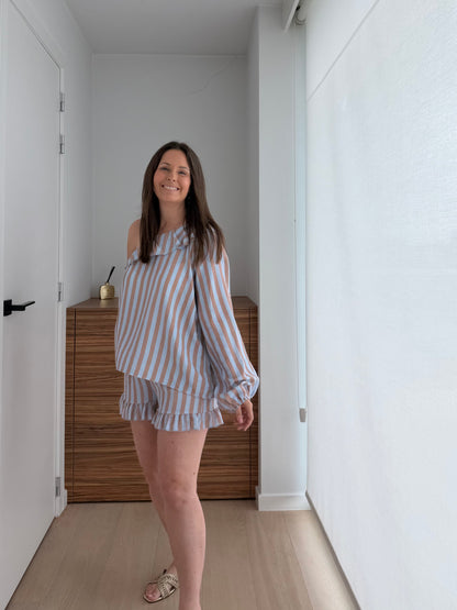 bruin/blauw gestreepte off shoulder blouse met bijpassende short - My Dressing