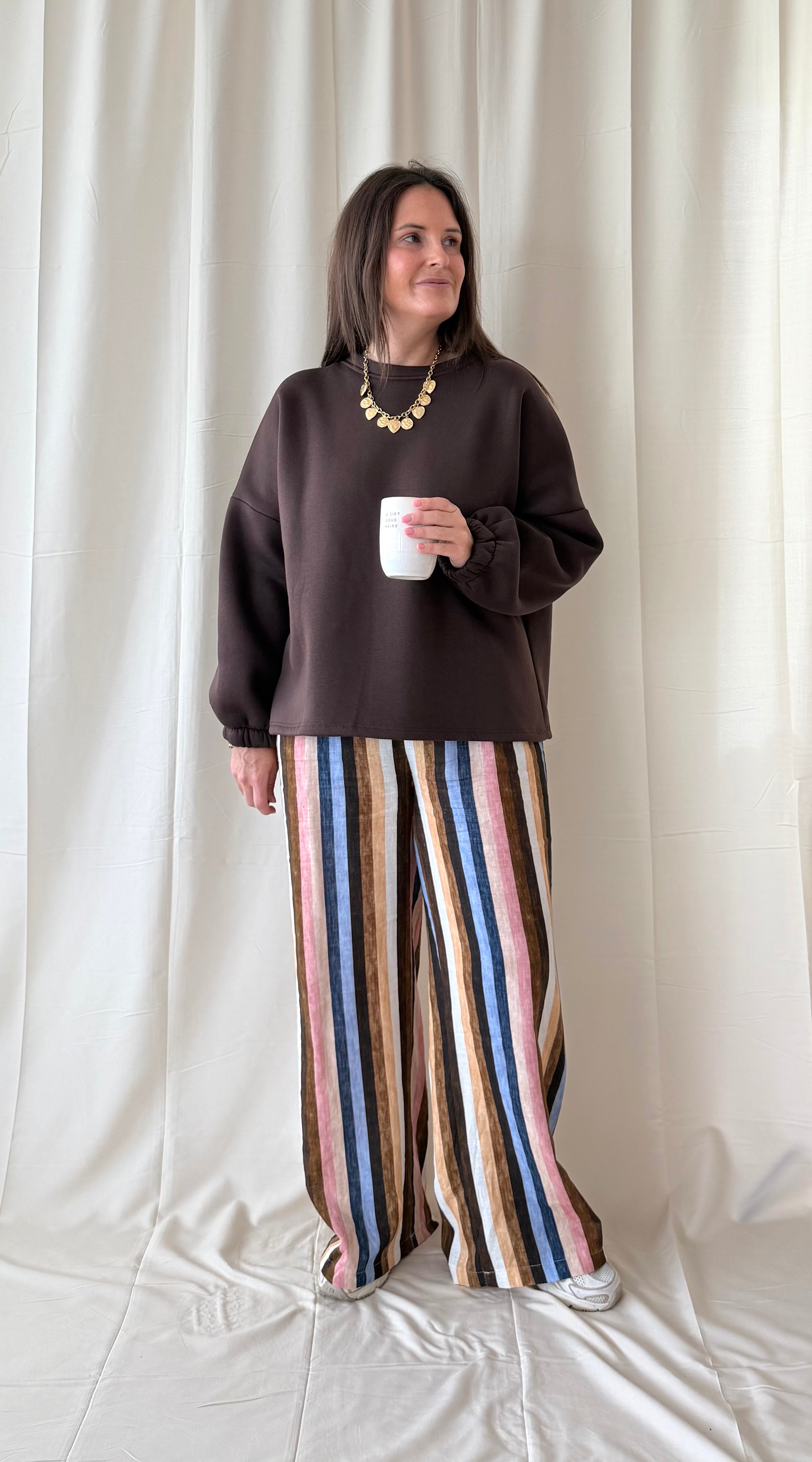 Gestreepte linnen broek in chocoladebruin - My Dressing