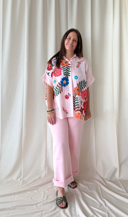 Roze gestreepte blouse met bloemen - My Dressing
