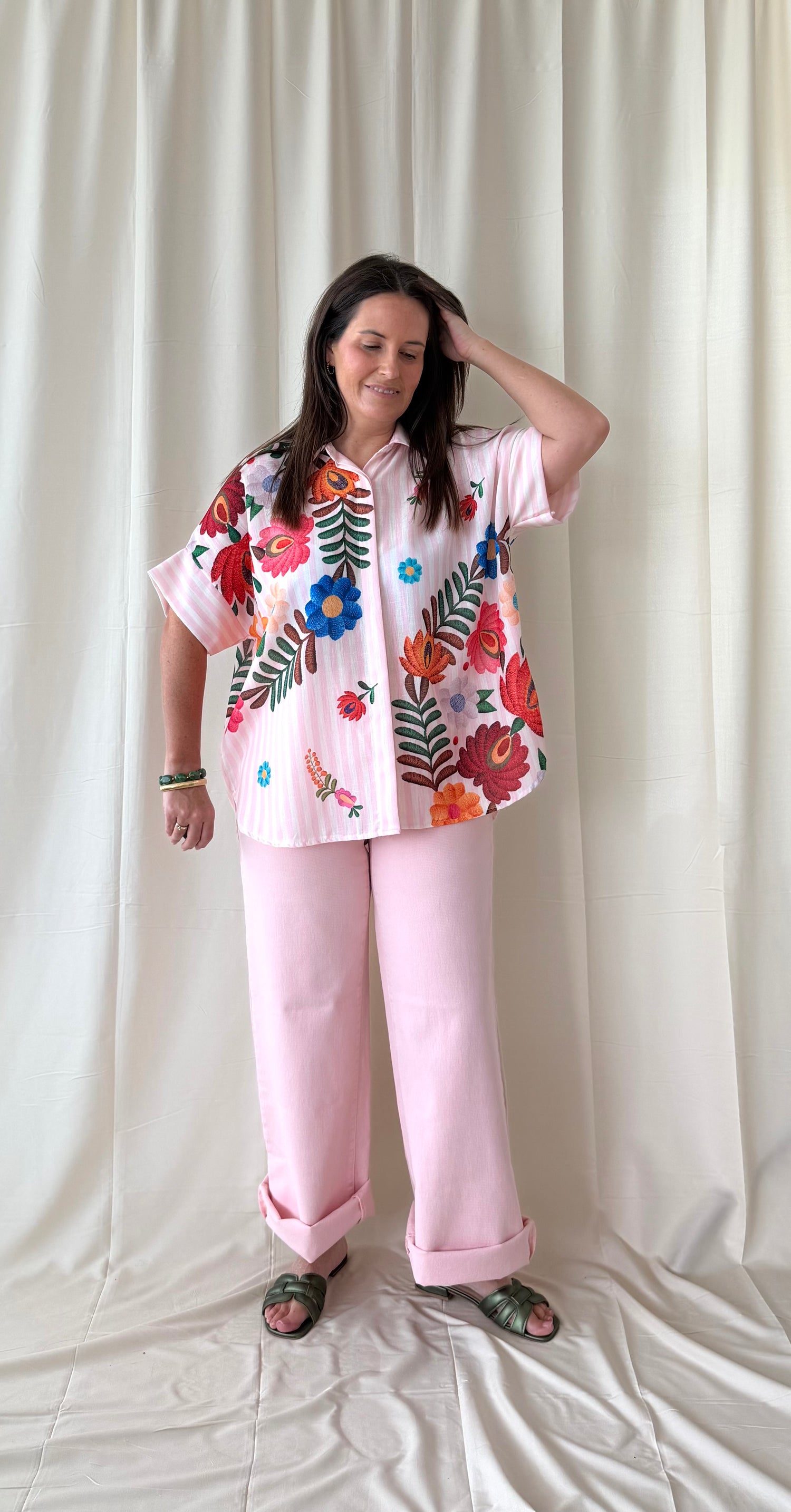 Roze gestreepte blouse met bloemen - My Dressing