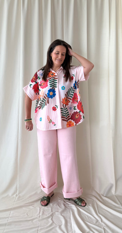 Roze gestreepte blouse met bloemen - My Dressing