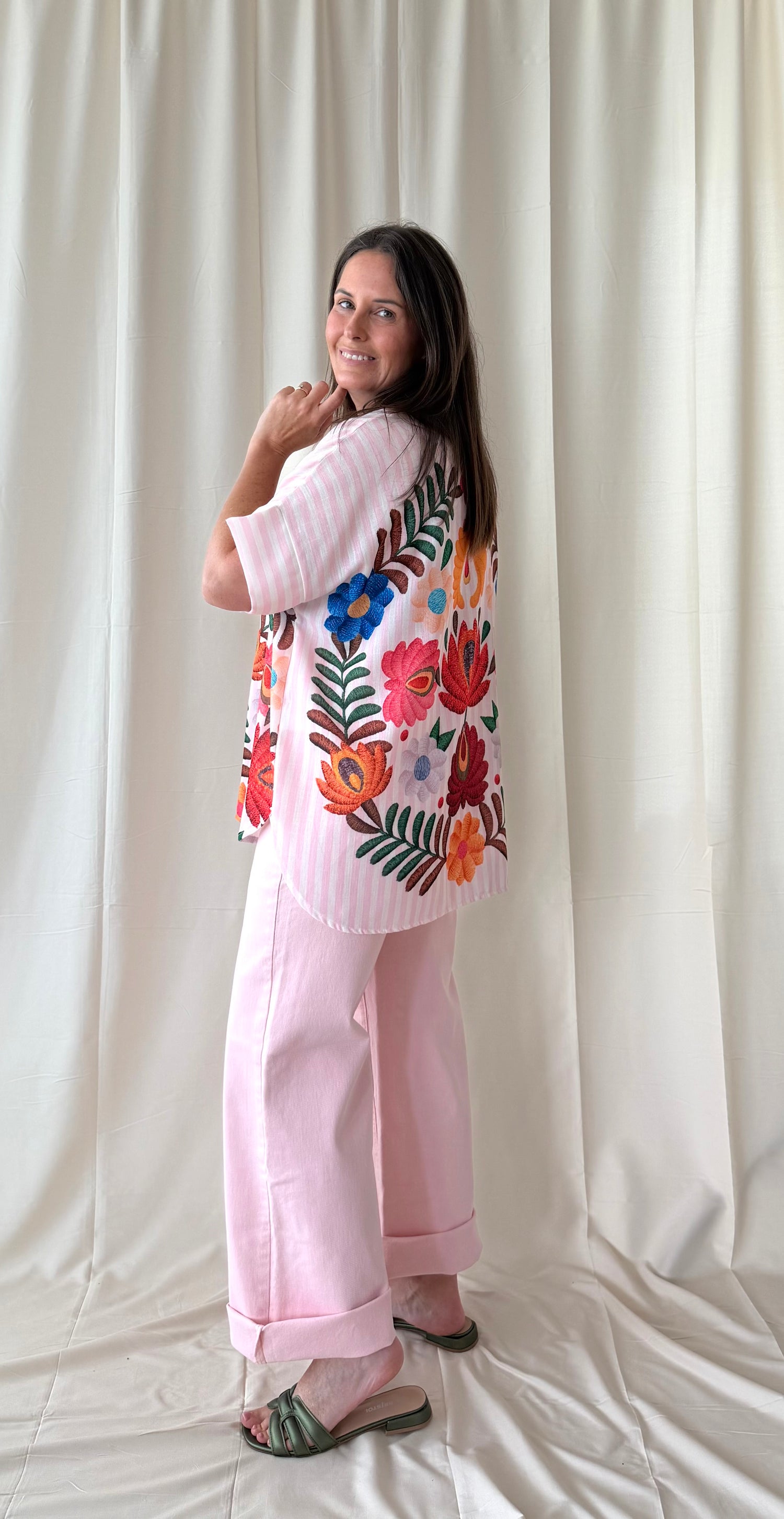 Roze gestreepte blouse met bloemen - My Dressing