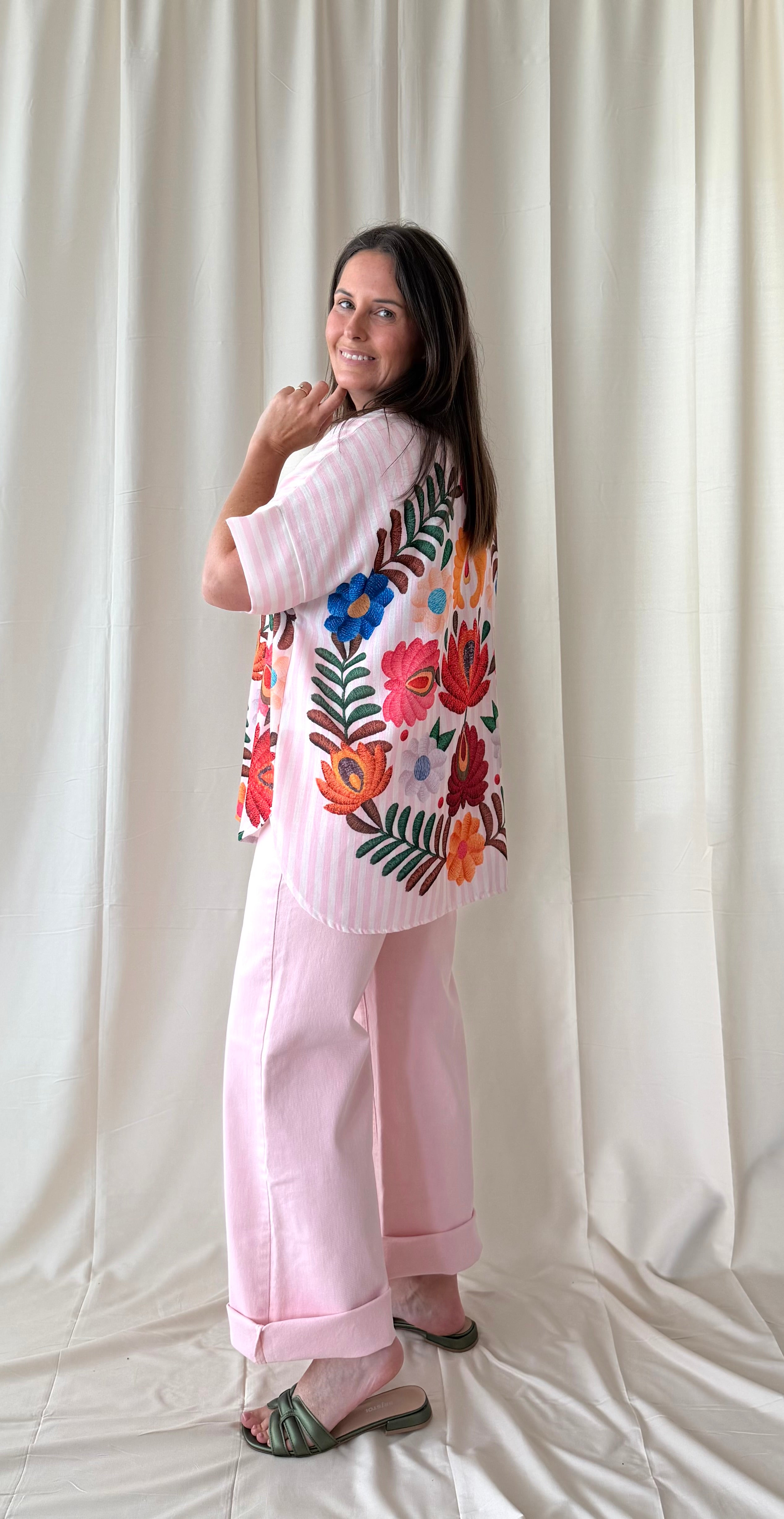 Roze gestreepte blouse met bloemen - My Dressing