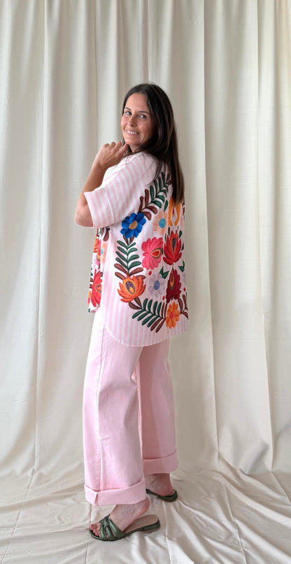 Roze gestreepte blouse met bloemen - My Dressing