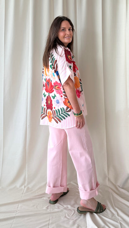 Roze gestreepte blouse met bloemen - My Dressing