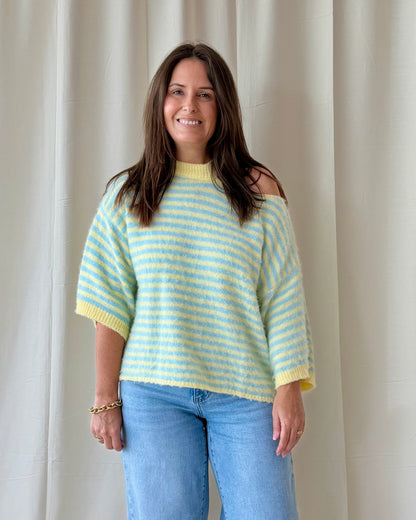 Off shoulder trui blauw/geel