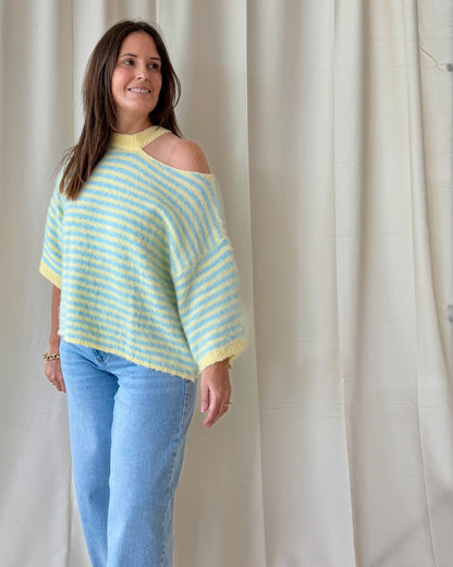 Off shoulder trui blauw/geel
