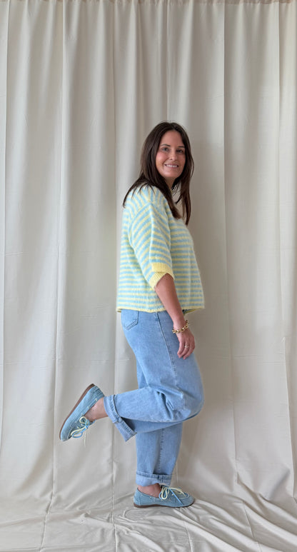 Gestreepte off shoulder trui in blauw/geel - My Dressing