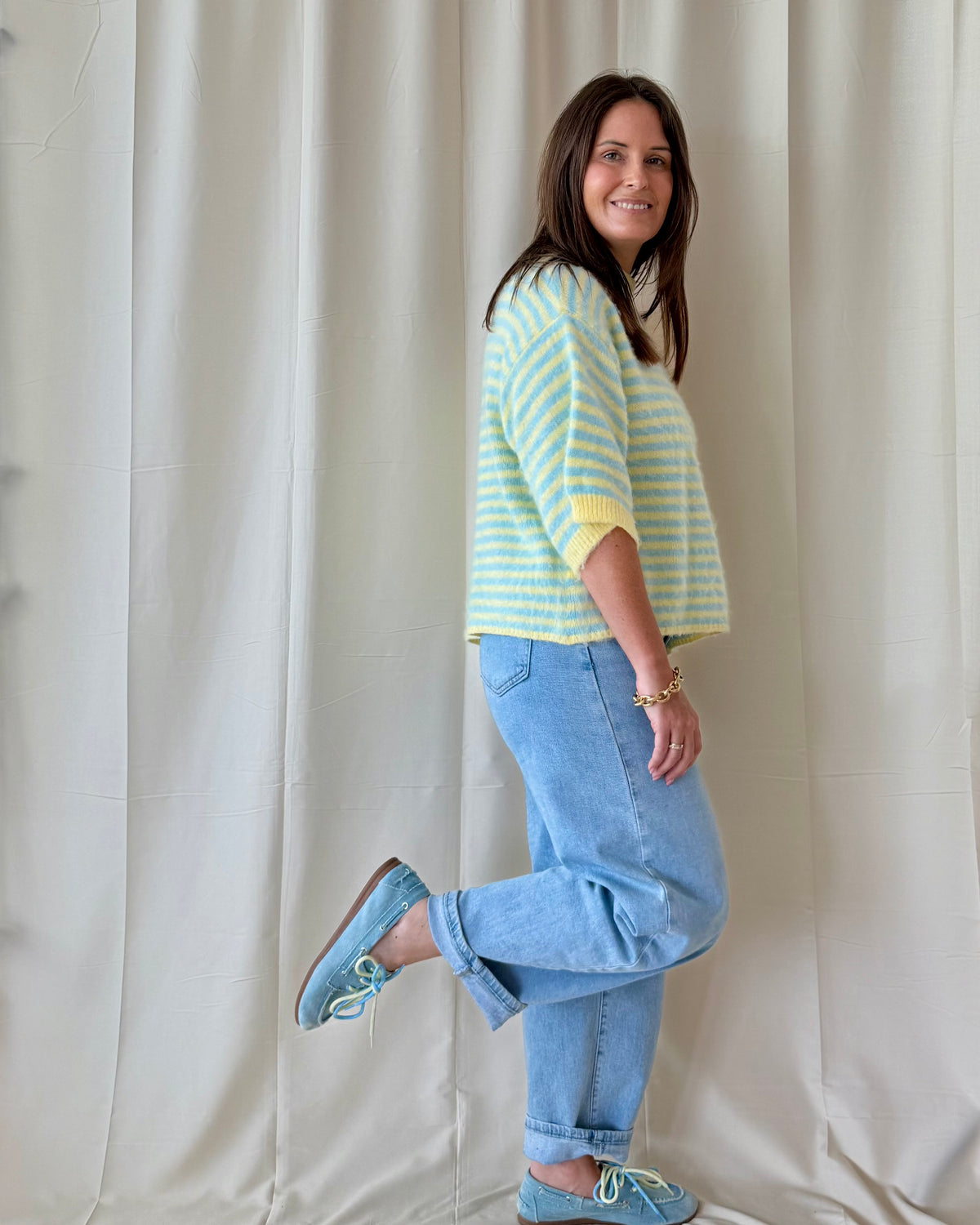 Off shoulder trui blauw/geel